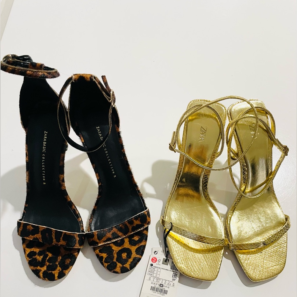 New Zara animal print stiletto heel sandals sz 39. Leopard & gold snake orig $79